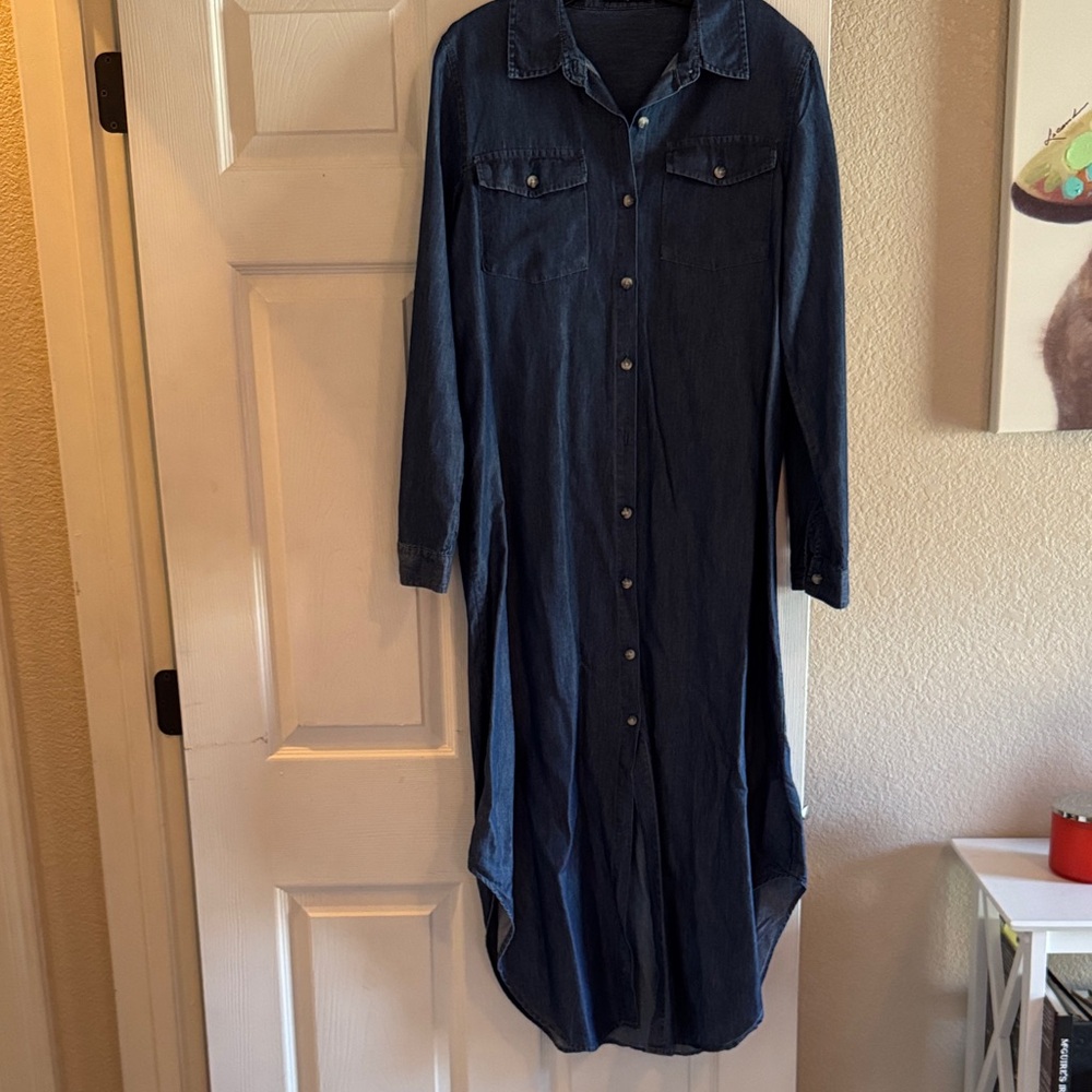 Fashion Brand Company Dark Blue Long Sleeve Denim Shirt Dress